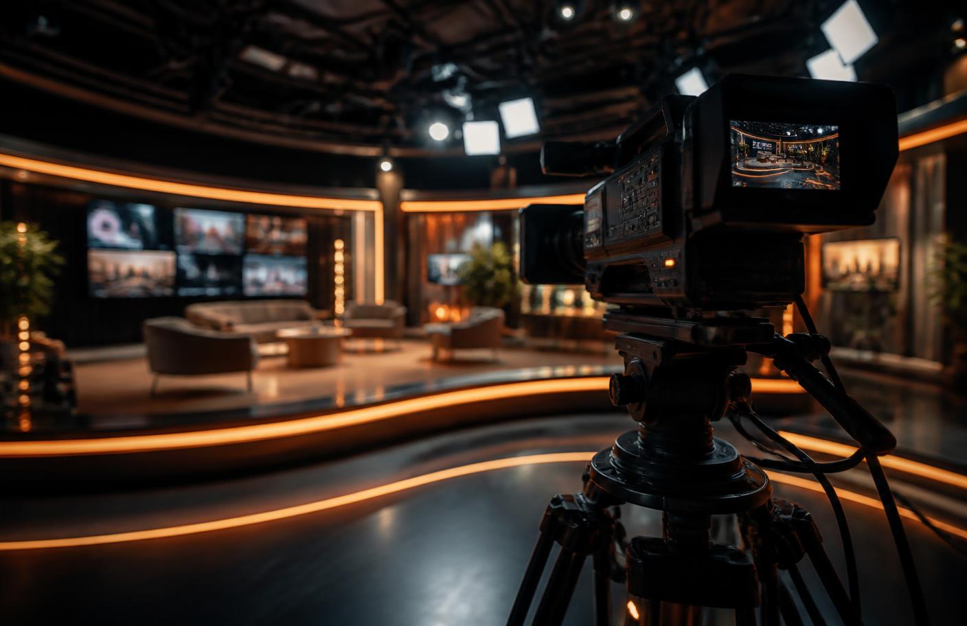 Professionele televisiestudio met camera en oranje accentverlichting